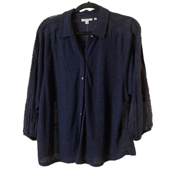 Chicos 3 US XL Linen Button Down Tee Navy Blue Tonal Trim 3/4 Sleeve READ Boho - Picture 1 of 8